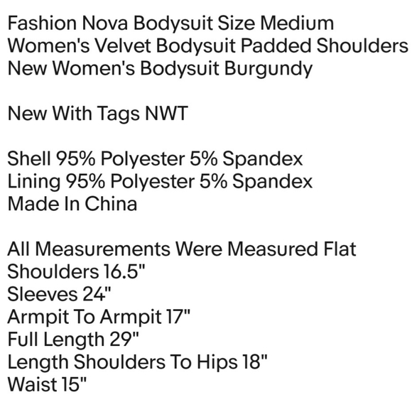 Fashion Nova Bodysuit Size Medium Women's Velvet Bodysuit Padded Shoulders New - Picture 5 of 5